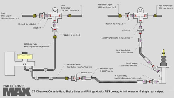 PSM C6 & C7 Corvette Inline Hand Brake Lines and Fittings set w/ ABS delete (Order in)