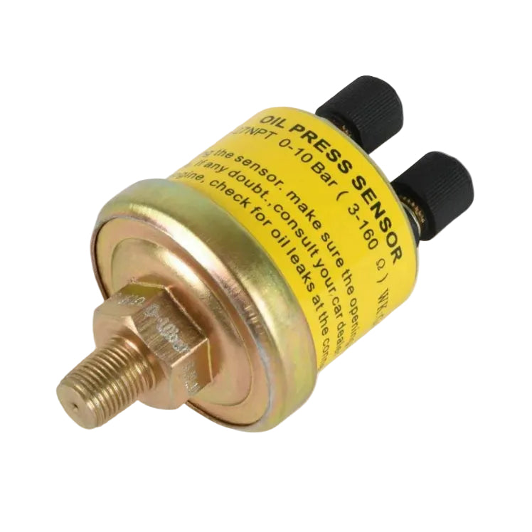 A brass oil pressure sensor with a yellow label and black plastic connectors, shown on a solid gray background.