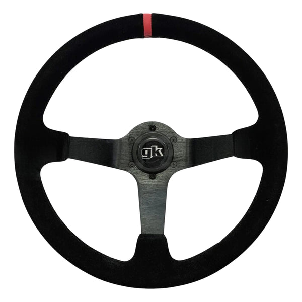 GKTECH STEERING WHEEL 350MM DEEP DISHED SUEDE RED STRIPE (Order in)