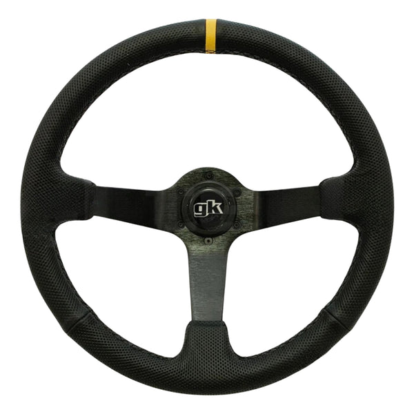 GKTECH STEERING WHEEL 350MM DEEP DISHED PERFORATED LEATHER YELLOW STRIPE (Order in)