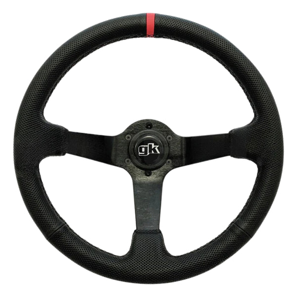 GKTECH STEERING WHEEL 350MM DEEP DISHED PERFORATED LEATHER RED STRIPE (Order in)