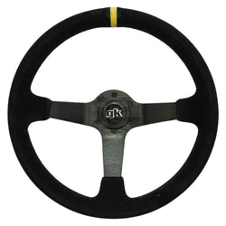 GKTECH STEERING WHEEL 350MM DEEP DISHED SUEDE YELLOW STRIPE (Order in)