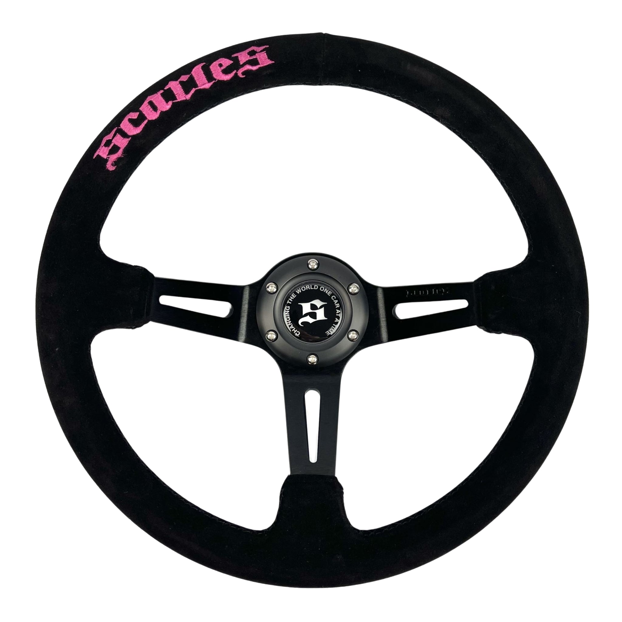 Suede Dedicated Drift steering 350mm-90mm - Pink Logo