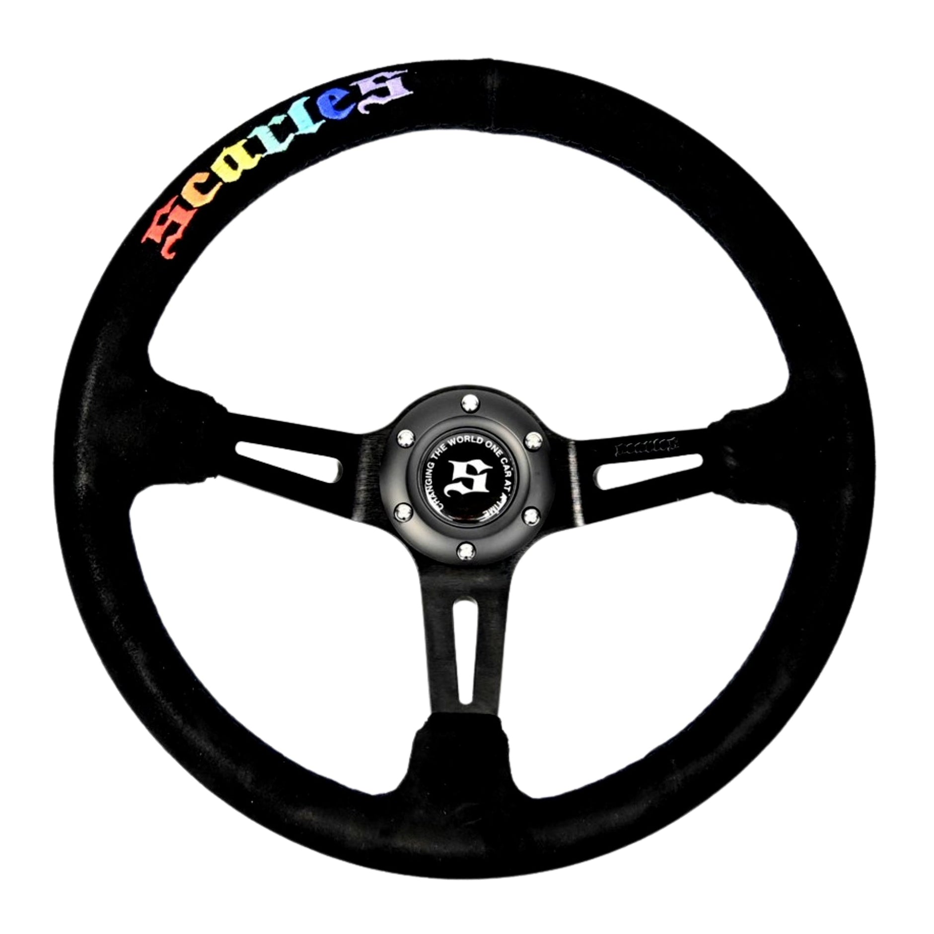 Black steering wheel with rainbow Scarles logo branding on a white background