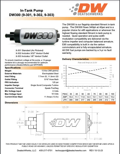 DeatschWerks Fuel Pump - Intank Fuel Pump DW300 (340lph)