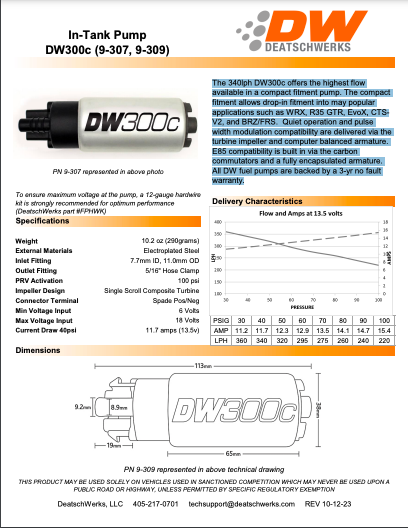 DeatschWerks Honda 340lph compact fuel pump w/ 9-1059 install kit