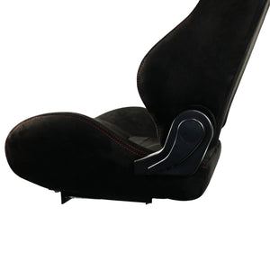 Black car seat with red stitching on a white background
