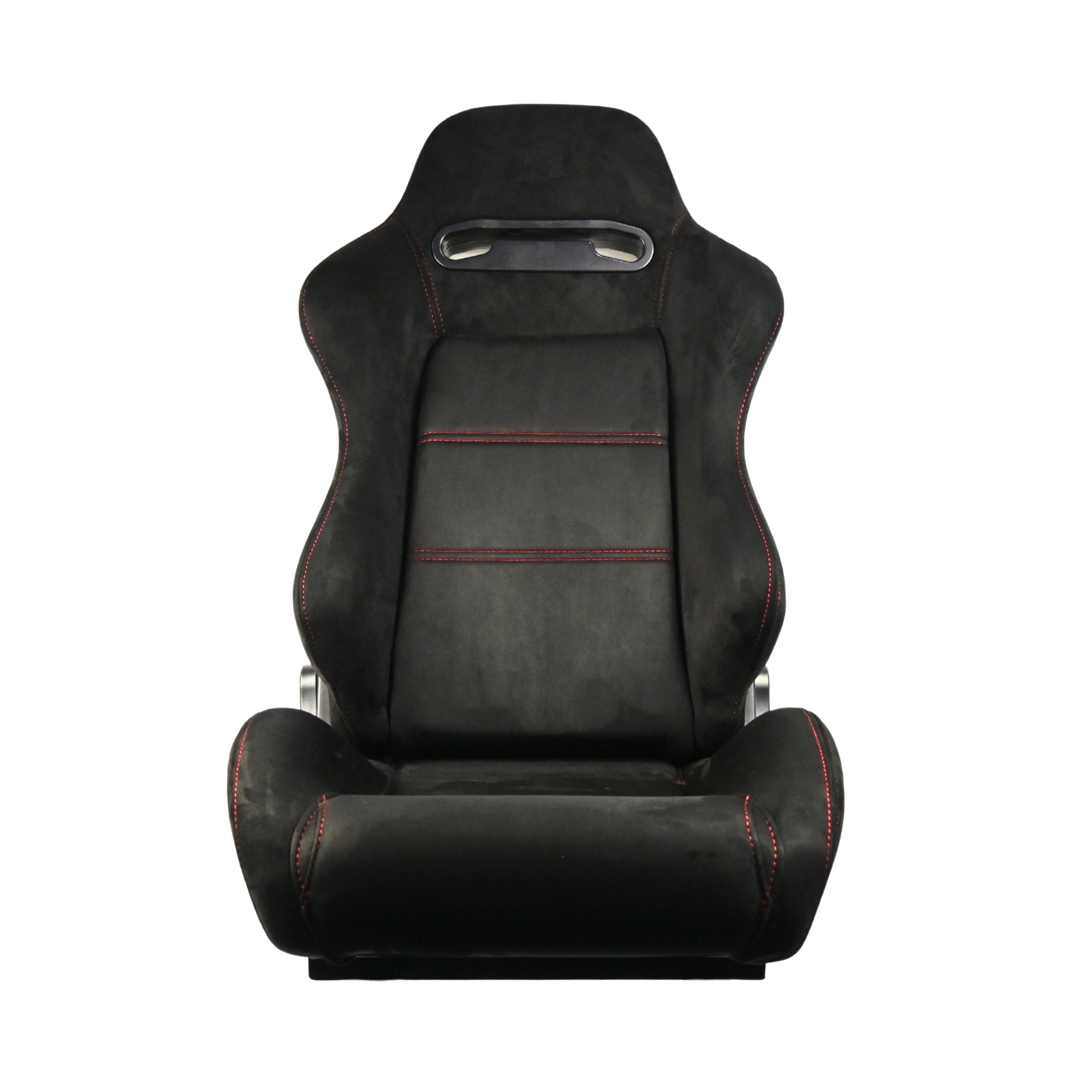 Black car seat with red stitching on a white background