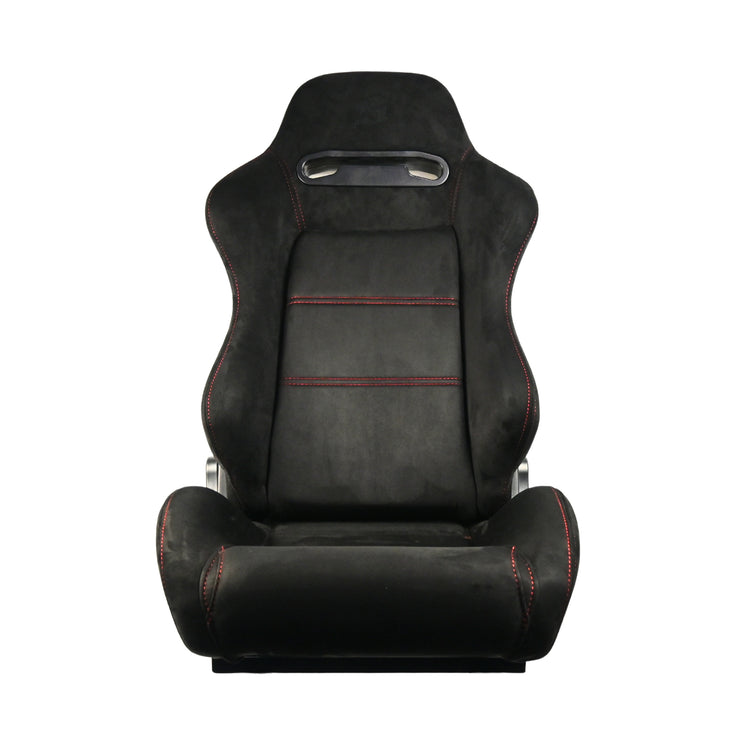 Black car seat with red stitching on a white background