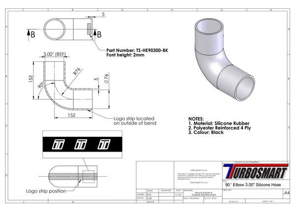 Turbosmart Silicon 90 Degree Hose Elbow 3.00" (Black)