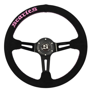 Black steering wheel with pink 'Scarles' branding on a white background