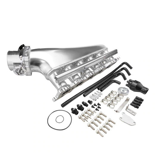 PROFLOW INTAKE MANIFOLD KIT, FABRICATED ALUMINIUM, POLISHED, NISSAN RB25 INLET PLENUM, 90MM THROTTLE BODY, FUEL RAIL